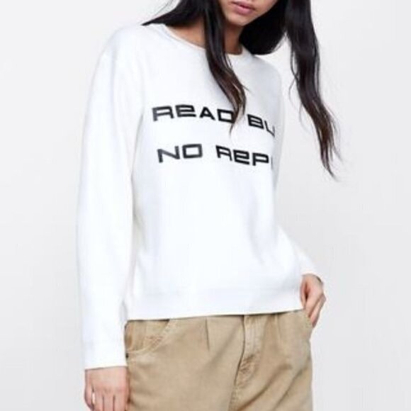 Zara Knit White Read But No Reply Crewneck Sweater S - Picture 1 of 4